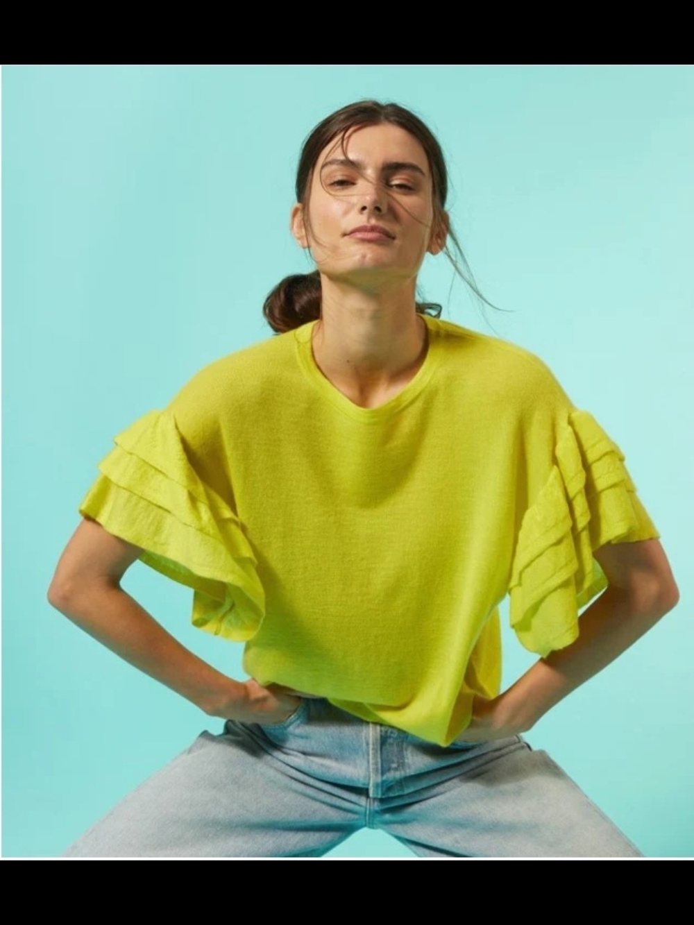 Autumn Cashmere Boxy Ruffle Cashmere Tee - High Voltage Size Medium